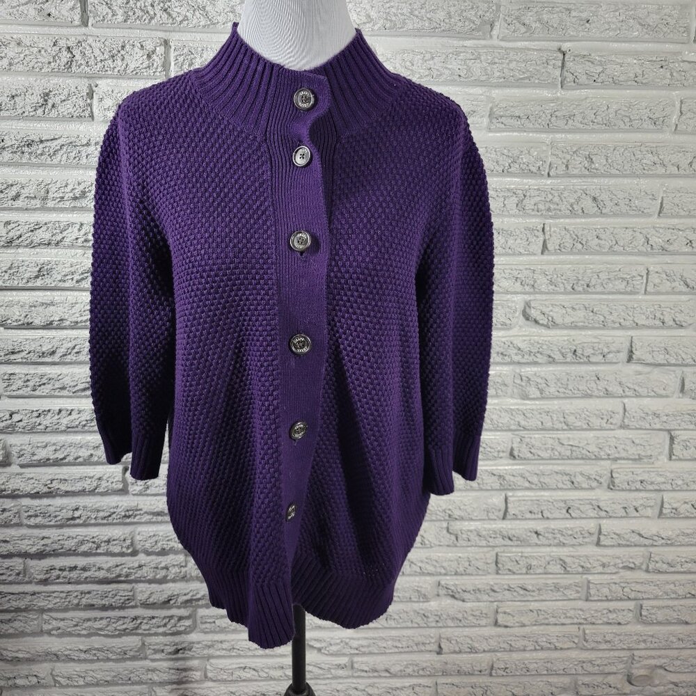 Chaps 2X Purple Chunky Knit Sweater Cotton Plus Size High Neck 3/4 Sleeve SWE50E